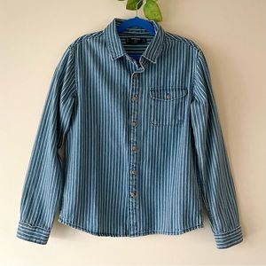 Mango Kids Boys Striped Denim Long Sleeve Button Down Shirt, Size 9-10 years